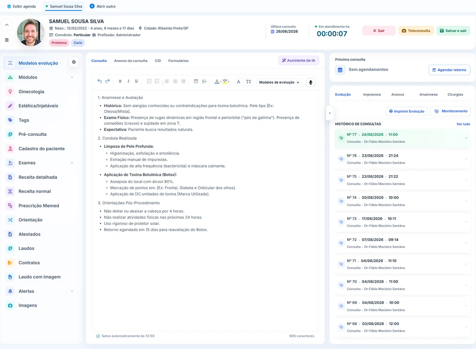 Prontuário atual do Mymedic com consulta, histórico e registros clínicos